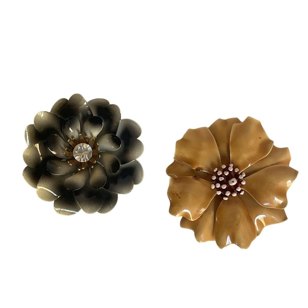 Vintage Enamel Flower Brooch Lot of 2 Large Floral Rhinestone Statement Pins